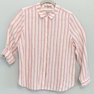 Chico's Linen Button Down Blouse Pink White Stripe Size 1 (8-10)